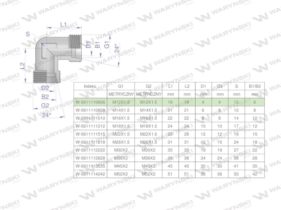 Kolanko hydrauliczne metryczne BB M12x1.5 06L (XW) Waryński ( sprzedawane po 5 )