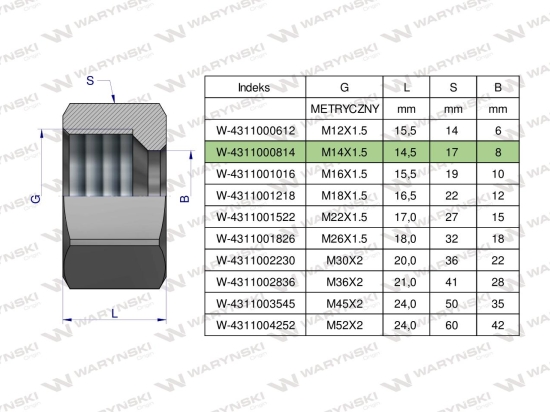 Nakrętka hydrauliczna metryczna (M08L) M14x1.5 08L Waryński ( sprzedawane po 20 )