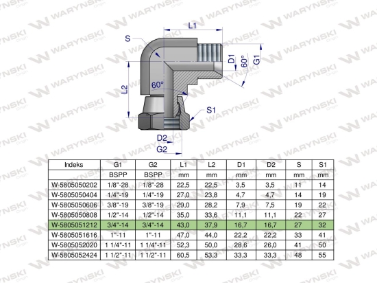 Kolanko hydrauliczne calowe AB 3/4" BSP Waryński