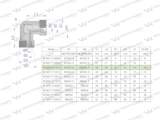 Kolanko hydrauliczne metryczne BB M16x1.5 10L (XW) Waryński ( sprzedawane po 5 )