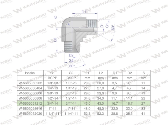 Kolanko hydrauliczne calowe BB 3/4" BSP (XW) Waryński ( sprzedawane po 2 )