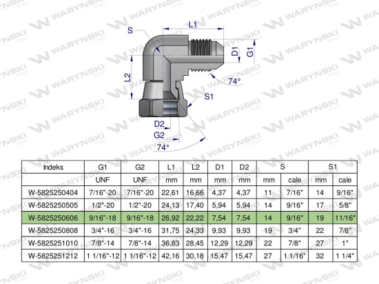 Kolanko hydrauliczne calowe AB 9/16" UNF (JIC) Waryński
