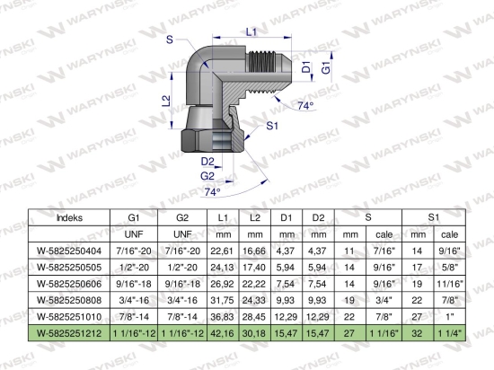 Kolanko hydrauliczne calowe AB 1 1/16" UNF (JIC) Waryński