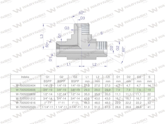 Trójnik hydrauliczny calowy BBB 3/8" BSP (XT) Waryński