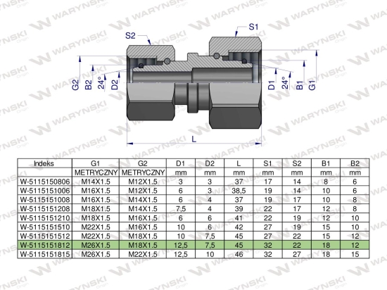 Złączka hydrauliczna metryczna AA M26x1.5 18L x M18x1.5 12L Waryński
