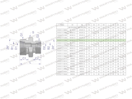 Złączka hydrauliczna redukcyjna metryczna BB M18x1.5 12L / M14x1.5 08L (XG) Waryński ( sprzedawane po 5 )