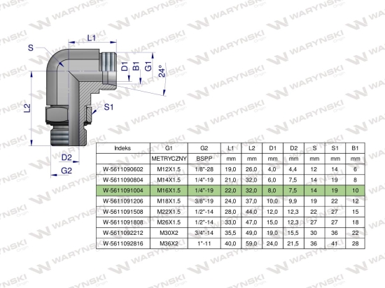 Kolanko hydrauliczne nastawne BB M16x1.5 10L x 1/4"BSP z regulacją Waryński ( sprzedawane po 2 )