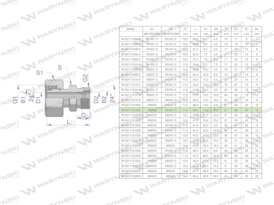 Złączka hydrauliczna metryczna AB (XKOR) A-M30x2 22L / B-M18x1.5 12L Waryński