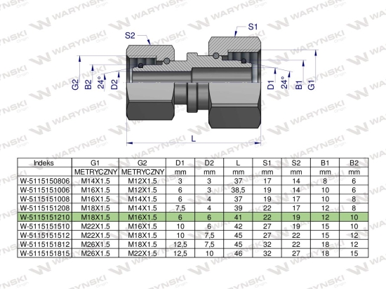 Złączka hydrauliczna metryczna AA M18x1.5 12L x M16x1.5 10L Waryński ( sprzedawane po 5 )