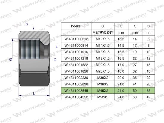 Nakrętka hydrauliczna metryczna (M35L) M45x2 35L Waryński ( sprzedawane po 2 )