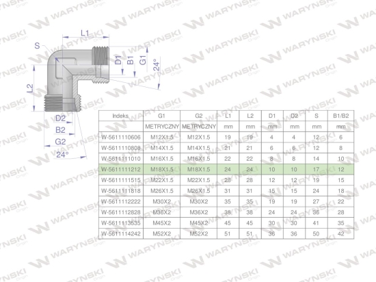 Kolanko hydrauliczne metryczne BB M18x1.5 12L (XW) Waryński ( sprzedawane po 5 )