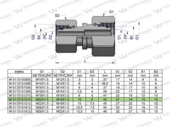 Złączka hydrauliczna metryczna AA M22x1.5 15L x M16x1.5 10L Waryński ( sprzedawane po 5 )