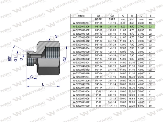 Tulejka różnicowa hydrauliczna calowa AB 1/8"GZ x 3/8"GW BSP Waryński ( sprzedawane po 2 )
