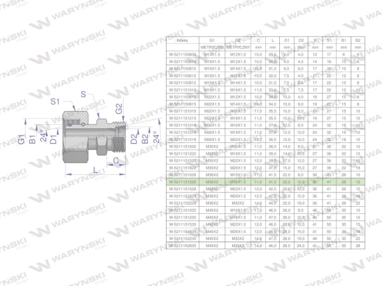 Złączka hydrauliczna metryczna AB (XKOR) A-M36x2 28L / B-M18x1.5 12L Waryński