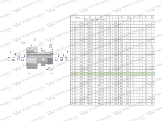 Złączka hydrauliczna metryczna AB (XKOR) A-M36x2 28L / B-M16x1.5 10L Waryński