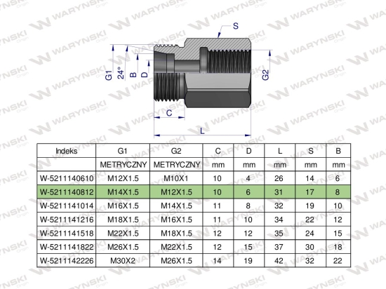 Tulejka różnicowa hydrauliczna metryczna AB M14x1.5 08L GZ x M12x1.5 GW Waryński ( sprzedawane po 2 )