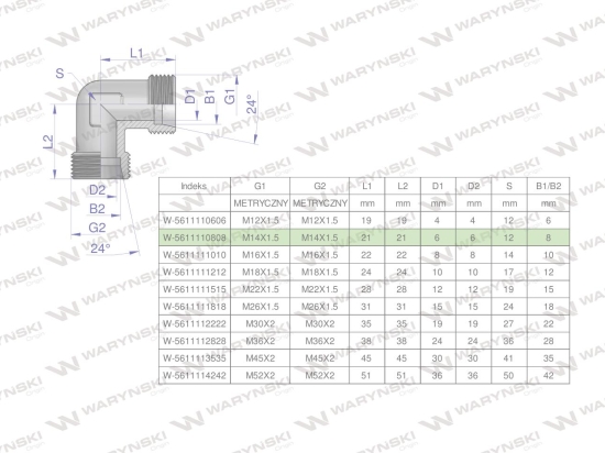 Kolanko hydrauliczne metryczne BB M14x1.5 08L (XW) Waryński ( sprzedawane po 5 )