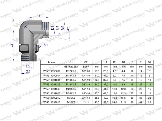 Kolanko hydrauliczne nastawne BB M18x1.5 12L x 3/8"BSP z regulacją Waryński ( sprzedawane po 2 )