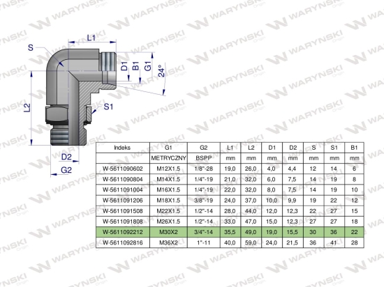 Kolanko hydrauliczne nastawne BB M30x2 22L x 3/4"BSP z regulacją Waryński
