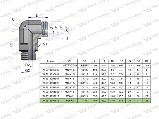 Kolanko hydrauliczne nastawne BB M36x2 28L x 1"BSP z regulacją Waryński