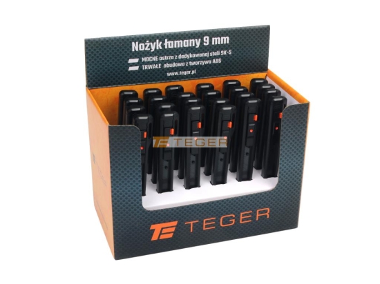 Nożyk łamany, ostrze 9mm ze stali SK2 w obudowie z tworzywa ABS sprzedawane w kartoniku ekspozycyjnym, (sprzedawane po 24), do prac wykończeniowych warsztatowych pomocniczych, Teger