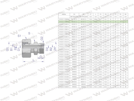Złączka hydrauliczna metryczna AB (XKOR) A-M16x1.5 10L / B-M12x1.5 06L Waryński ( sprzedawane po 2 )