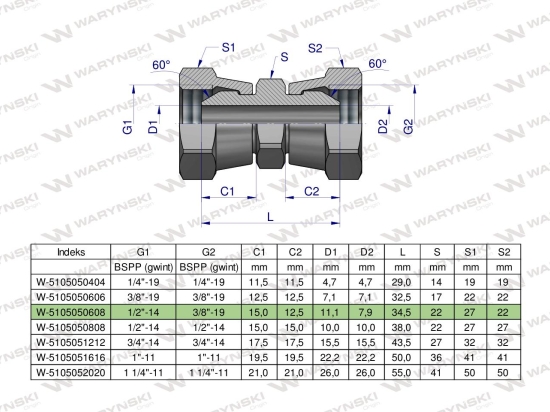 Złączka hydrauliczna redukcyjna calowa AA 3/8" x 1/2" BSP Waryński ( sprzedawane po 2 )