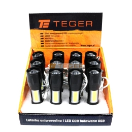 Latarka uniwersalna LED COB 200 lm ładowana USB sprzedawana po 12 szt w kartoniku ekspozycyjnym Teger