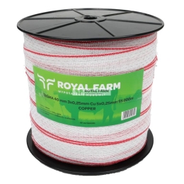 Taśma, do elektryzatora 40mm, 3x0,25mm Cu, 5x0,25mm SS biało-czerwona 200m, Royal Farm